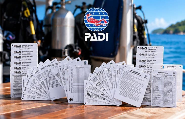 PADI Instructor Development Course training slates displayed with scuba diving equipment on Koh Tao, Thailand.